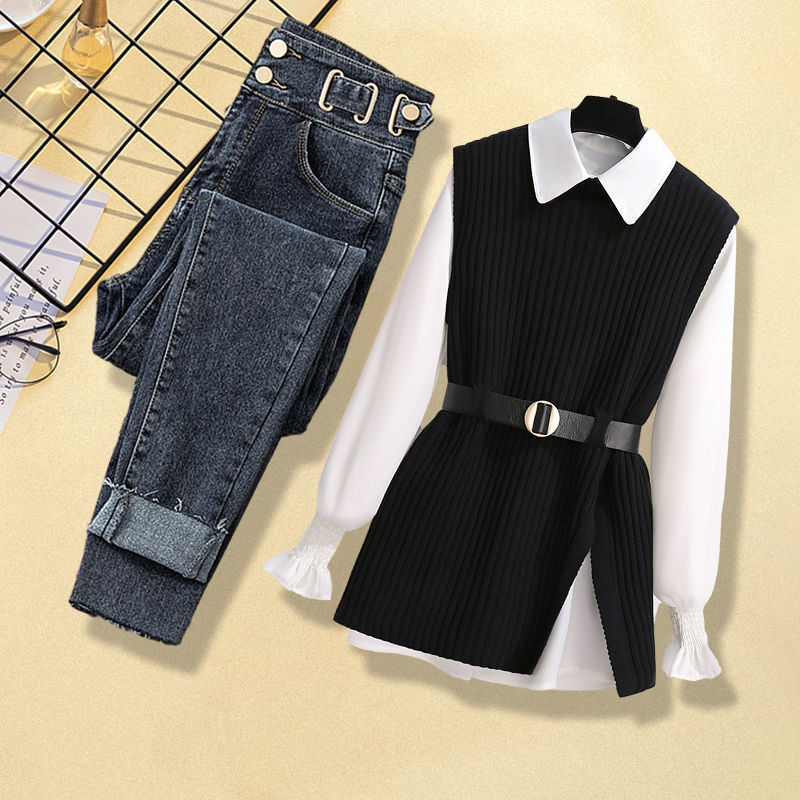 Women's Knitted Vest Shirt Jeans Three-piece Set (11477629894924)