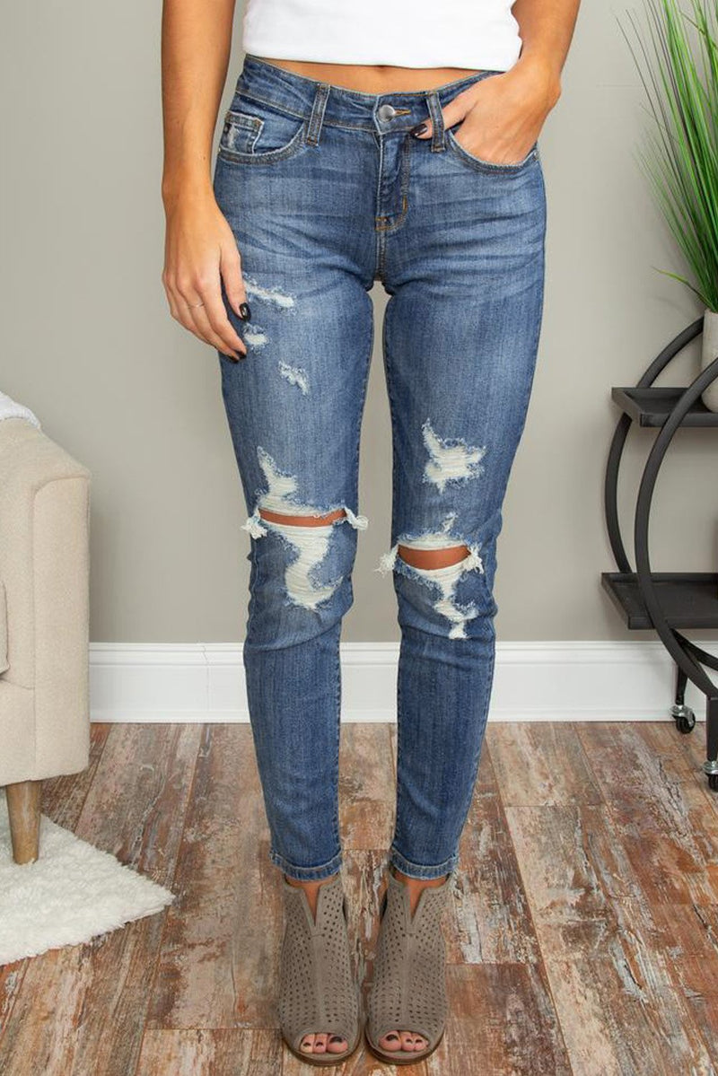 Women's Blue Hollow Out Vintage Skinny Ripped Jeans