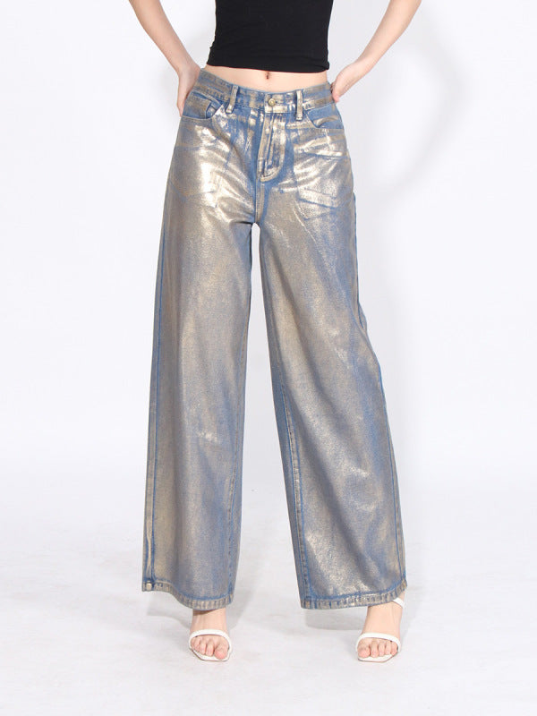 Women's shiny layered loose denim trousers