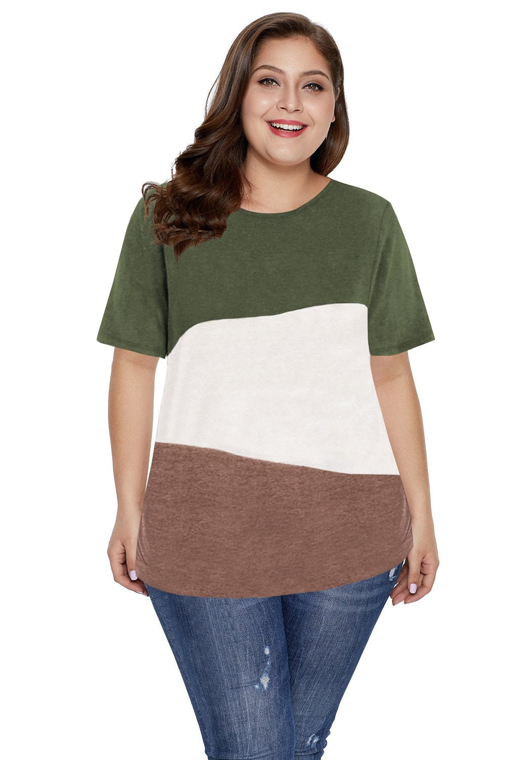 Women's Short Sleeve Crew Neck Green Colorblock Plus Size Tee