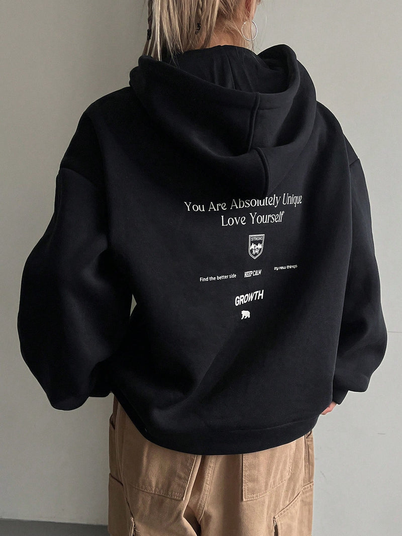 Graphic Drop Shoulder Kordelzug Thermofutter Hoodie