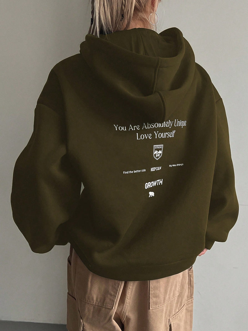 Graphic Drop Shoulder Kordelzug Thermofutter Hoodie