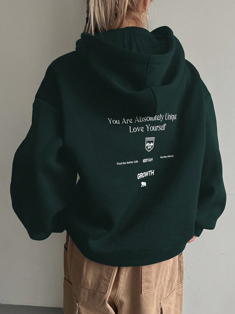 Graphic Drop Shoulder Kordelzug Thermofutter Hoodie