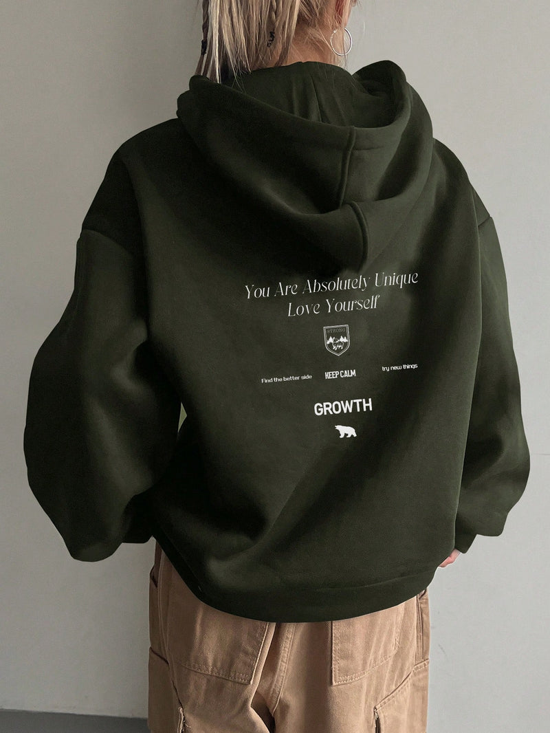 Graphic Drop Shoulder Kordelzug Thermofutter Hoodie