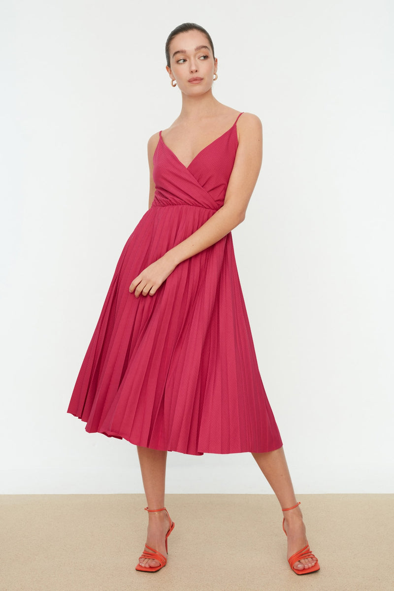 Grünes Midi-Kleid mit offener Taille/Skater, zweireihig, plissiert, dehnbar, Strickkleid