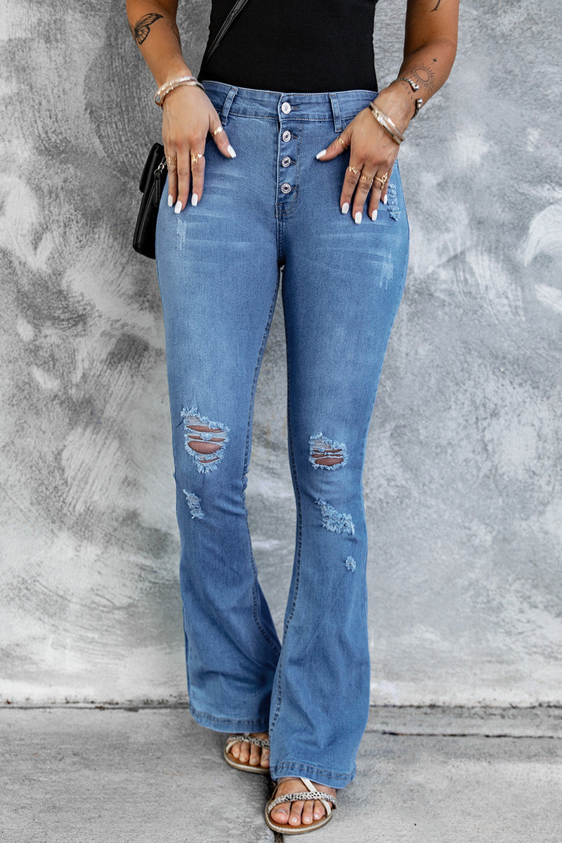 Womens Light Blue Mid Rise Button Front Flare Jeans