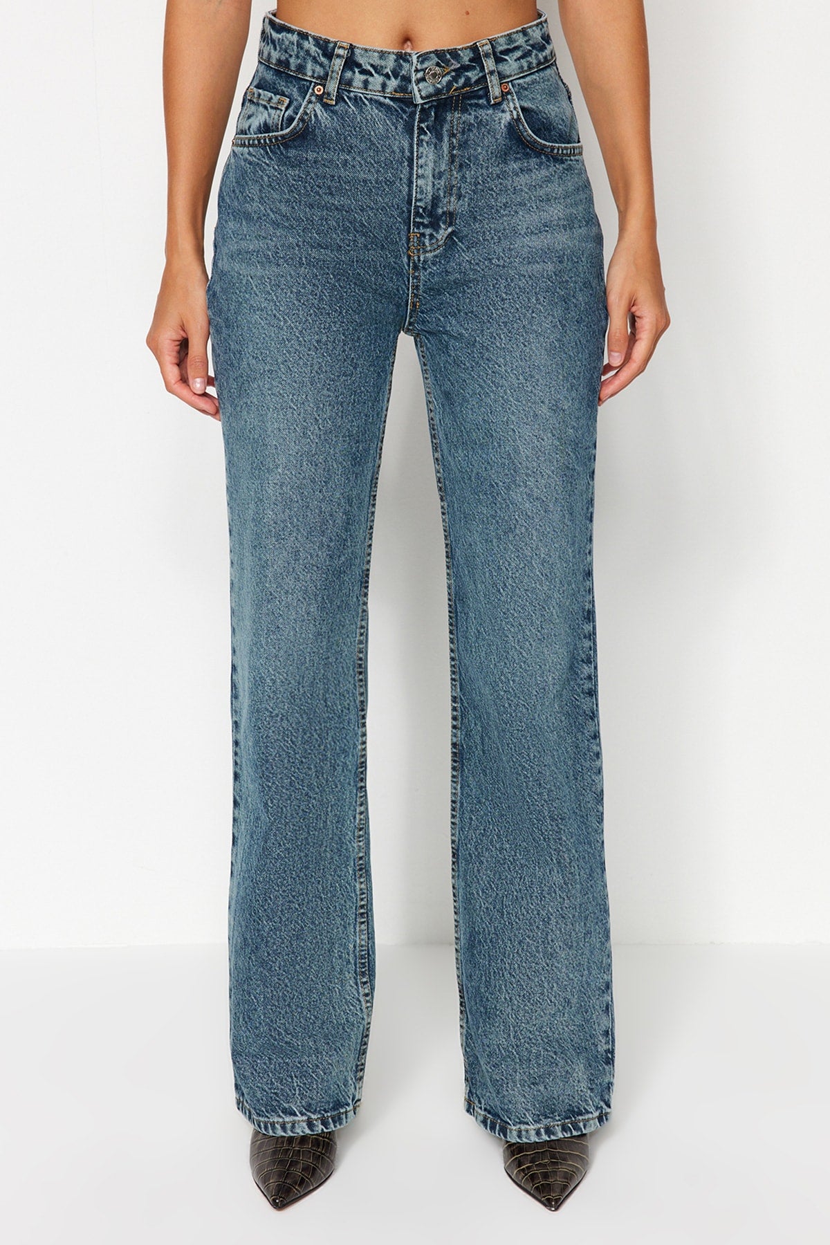 Anthrazitfarbene Jeans mit hoher Taille und weitem Bein
