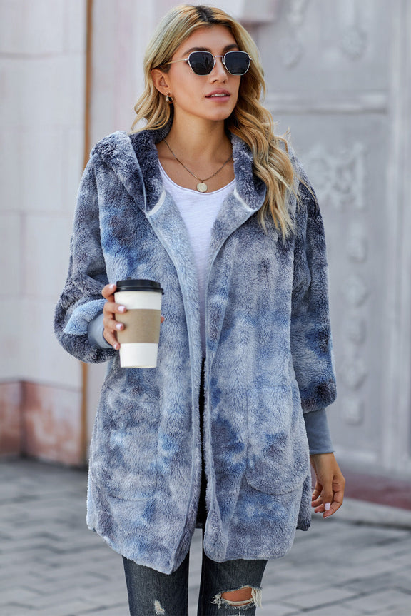 Women's Blue Tie Dye Soft Fleece Hooded Open Front Coat