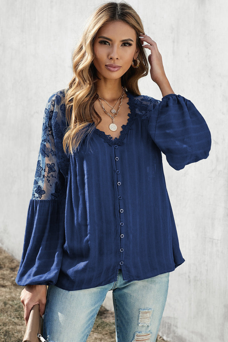 Chic Blue V Neck Lace Shoulder Patchwork Blouse