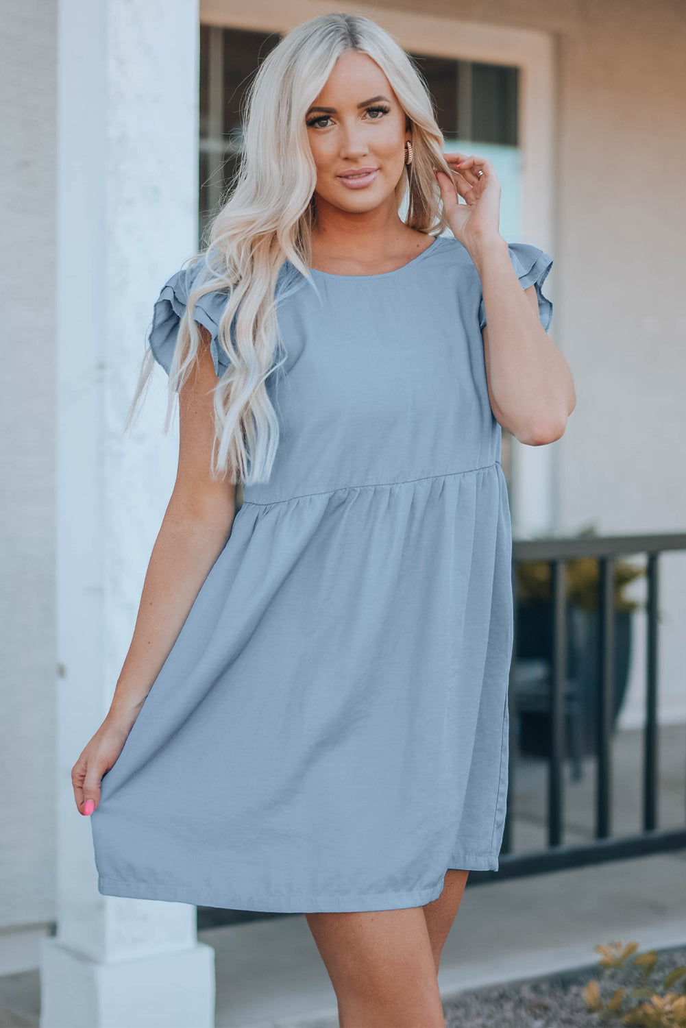 Flutter Sleeve Ruched Denim Casual Dress