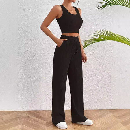 Women's Sports Fashion Casual Vest Loose Trousers Two-piece Set (11477630583052)