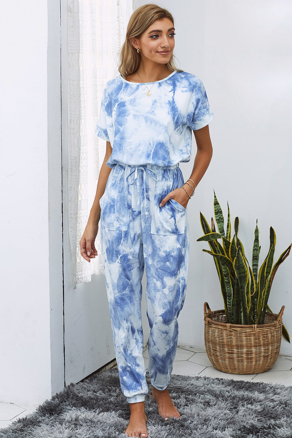 Casual Pocketed Blue Tie-dye Knit Short Sleeve Jumpsuit