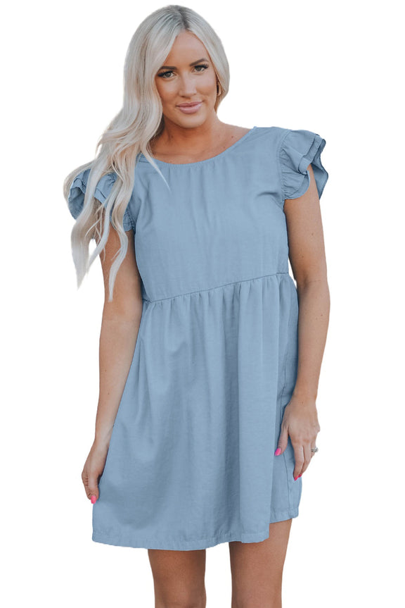 Flutter Sleeve Ruched Denim Casual Dress