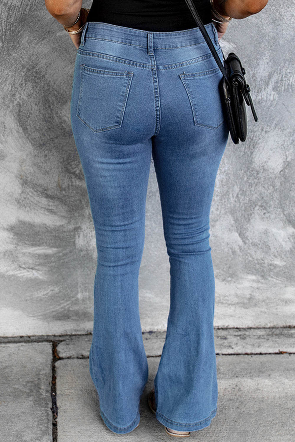 Womens Light Blue Mid Rise Button Front Flare Jeans