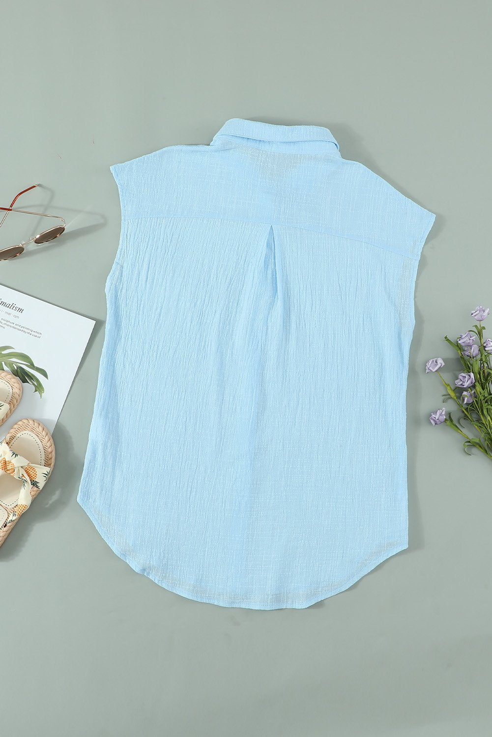 Sky Blue Turn-down Collar Button Front Sleeveless Shirt