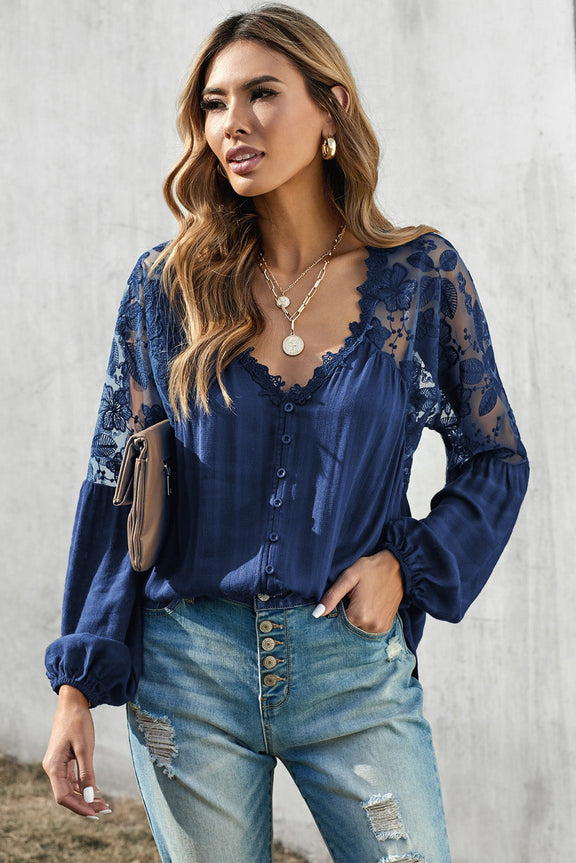 Chic Blue V Neck Lace Shoulder Patchwork Blouse