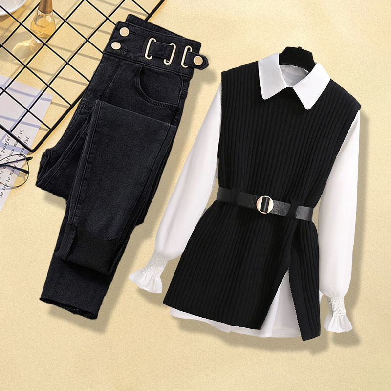 Women's Knitted Vest Shirt Jeans Three-piece Set (11477629894924)