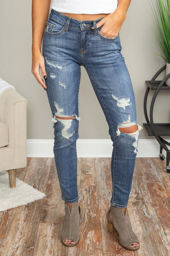 Women's Blue Hollow Out Vintage Skinny Ripped Jeans