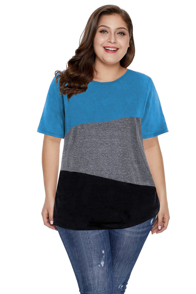  Women's Blue Short Sleeve Crew Neck Colorblock Plus Size Tee