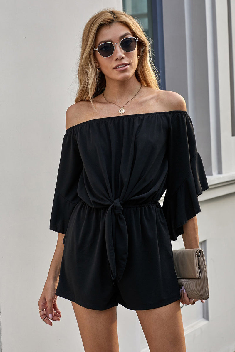 Black Bell Sleeve Off Shoulder Front Tie Knot Casual Romper