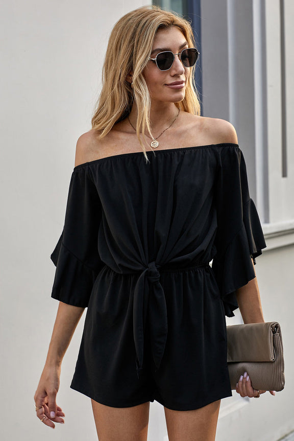 Black Bell Sleeve Off Shoulder Front Tie Knot Casual Romper