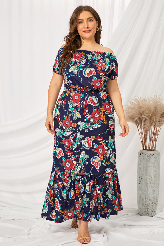 Black Off-the-shoulder Floral Ruffle Short Sleeve Plus Size Maxi Dress