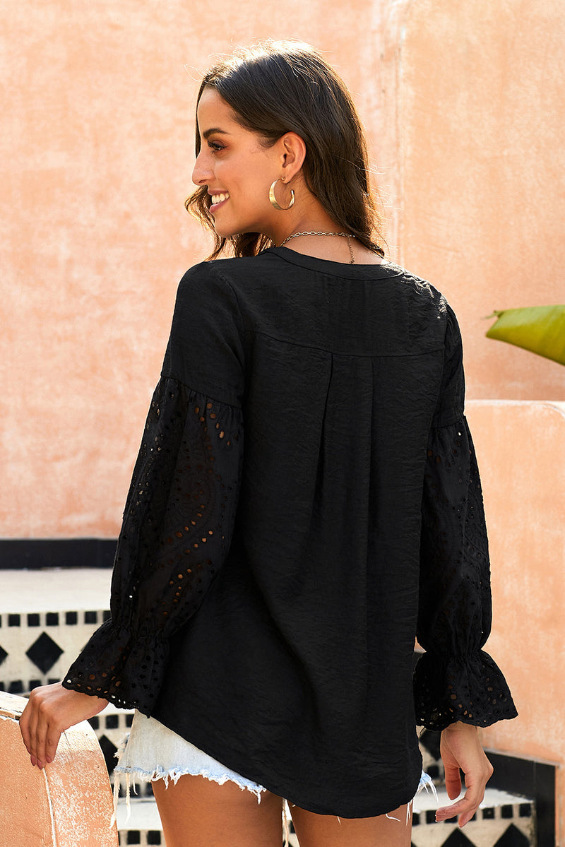 Black Rekindle Eyelet Button Down Long Sleeve Blouse