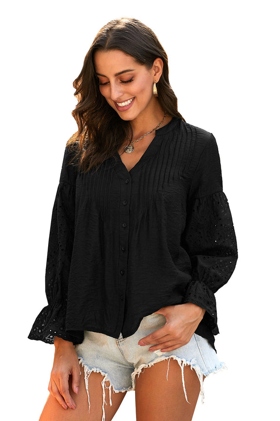 Black Rekindle Eyelet Button Down Long Sleeve Blouse