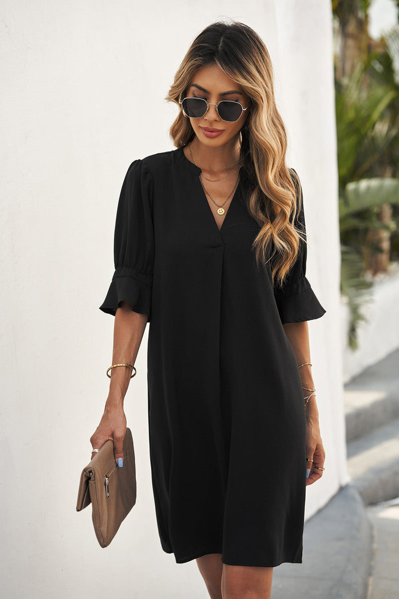 Black Ruffled Sleeve Shift Shirt Dress