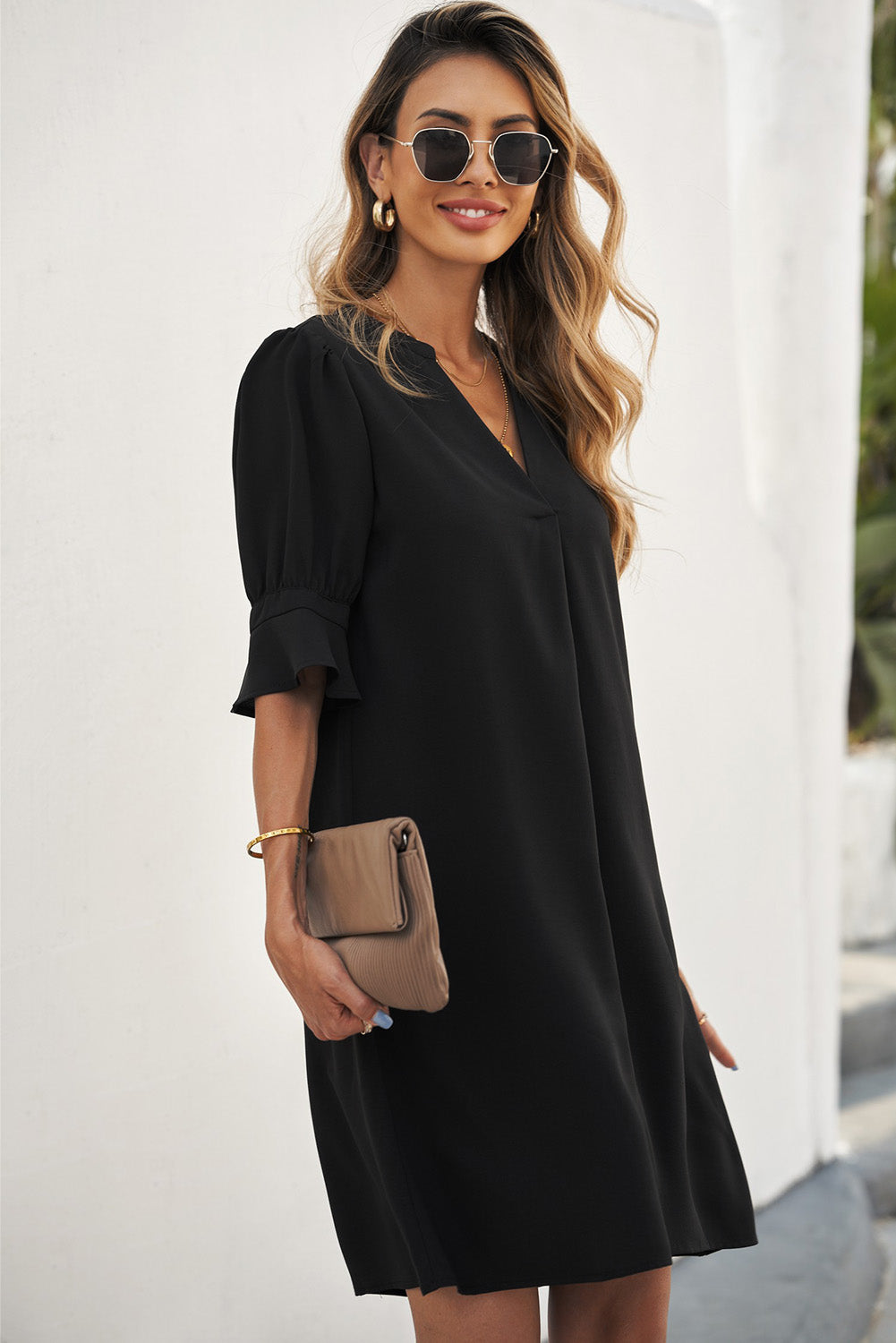 Black Ruffled Sleeve Shift Shirt Dress