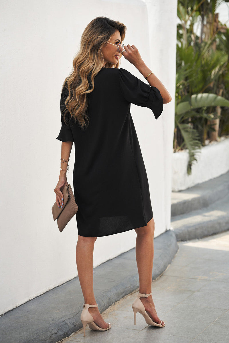 Black Ruffled Sleeve Shift Shirt Dress