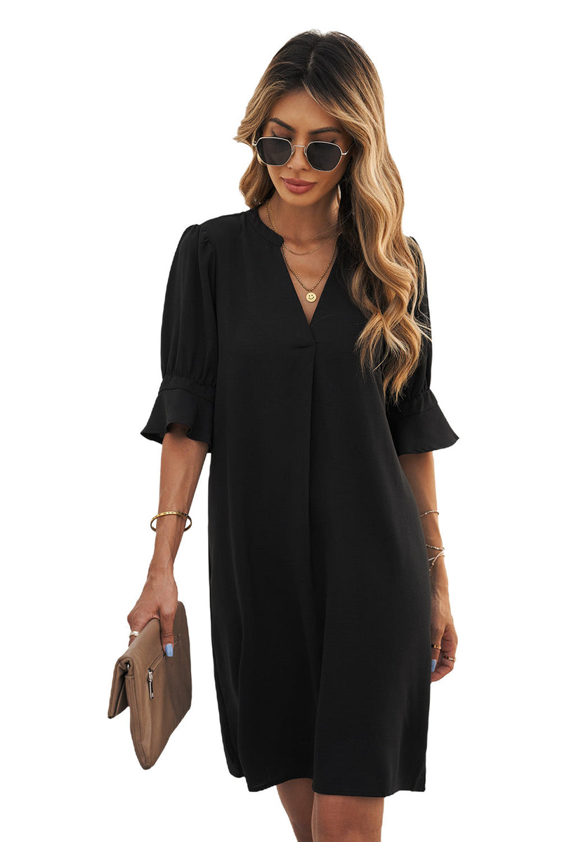 Black Ruffled Sleeve Shift Shirt Dress