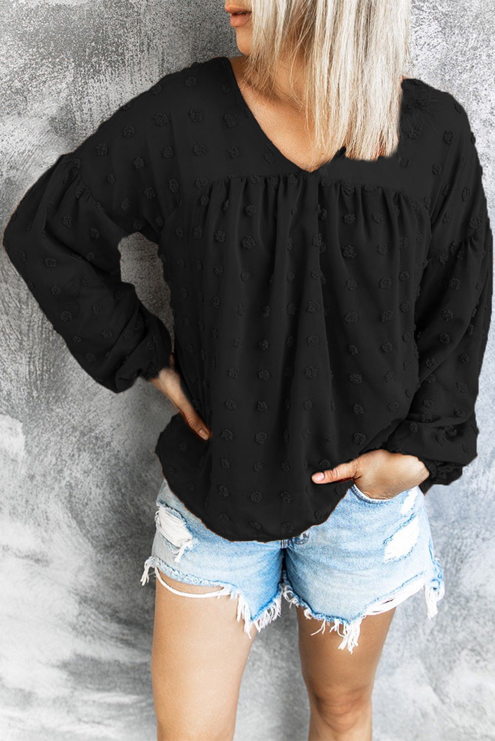 Black Swiss Dot V Neck Puff Sleeve Babydoll Top