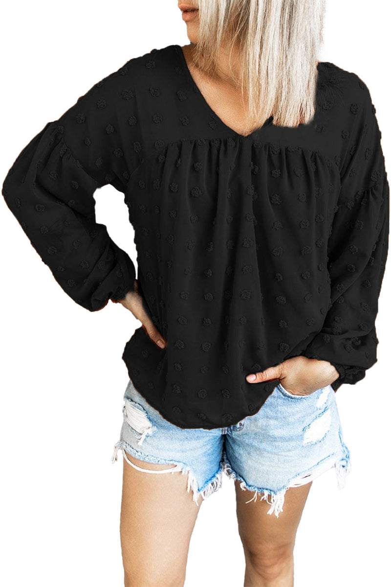 Black Swiss Dot V Neck Puff Sleeve Babydoll Top