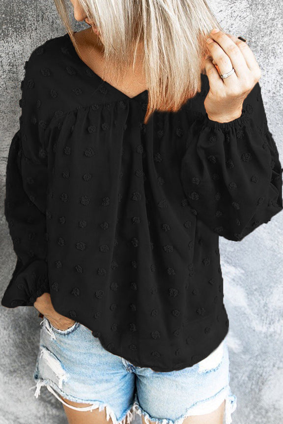 Black Swiss Dot V Neck Puff Sleeve Babydoll Top