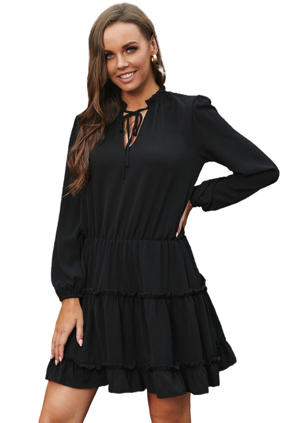 Black V Neck Long Sleeve Ruffle Tiered Mini Dress