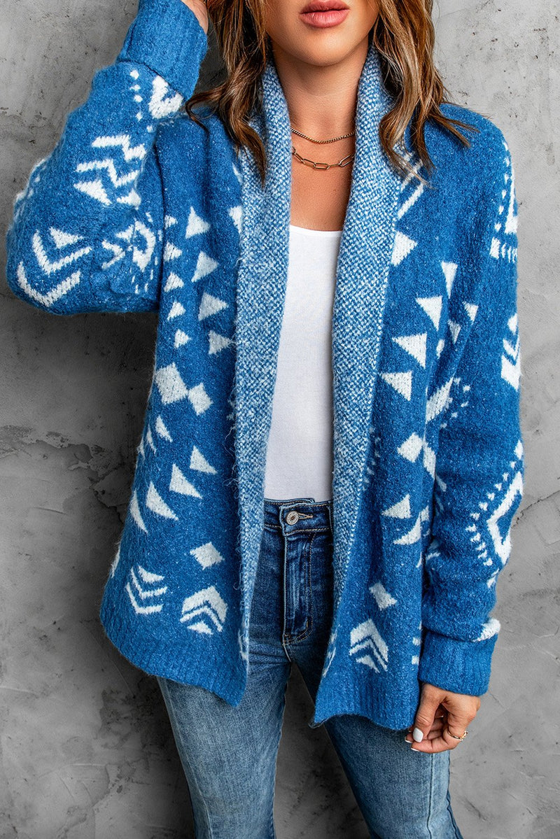 Blue Aztec print Open Front Sweater Cardigan