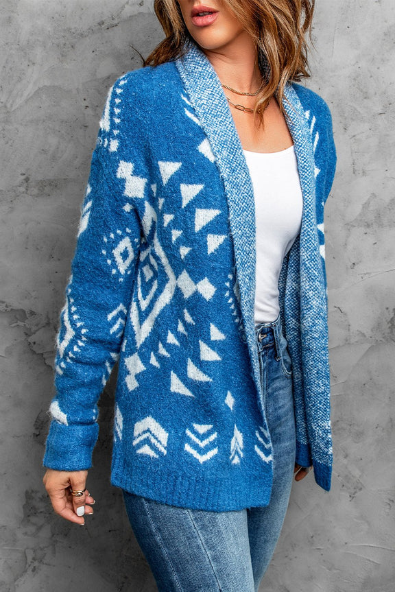 Blue Aztec print Open Front Sweater Cardigan