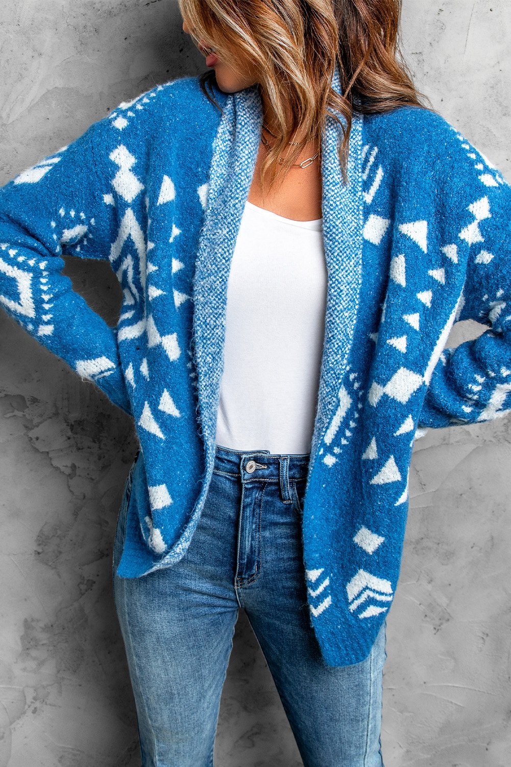 Blue Aztec print Open Front Sweater Cardigan