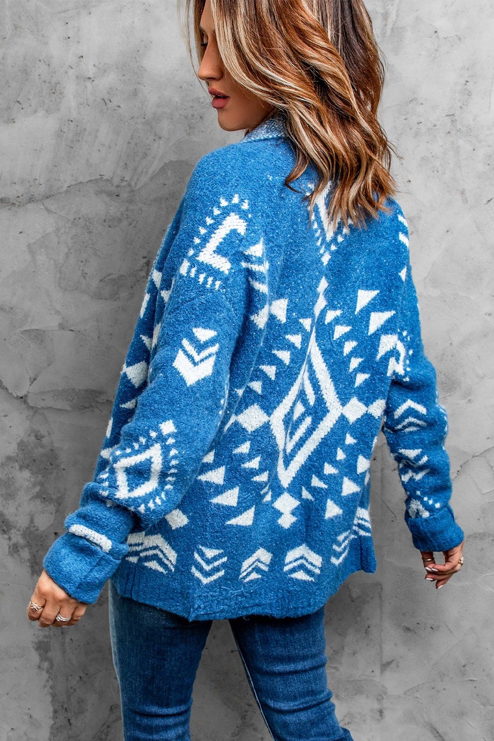 Blue Aztec print Open Front Sweater Cardigan