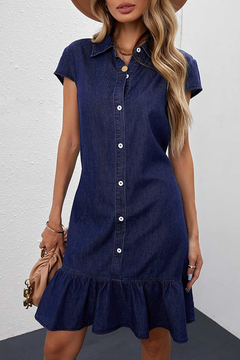 Blue Cap Sleeve Button Front Jean Short Dress