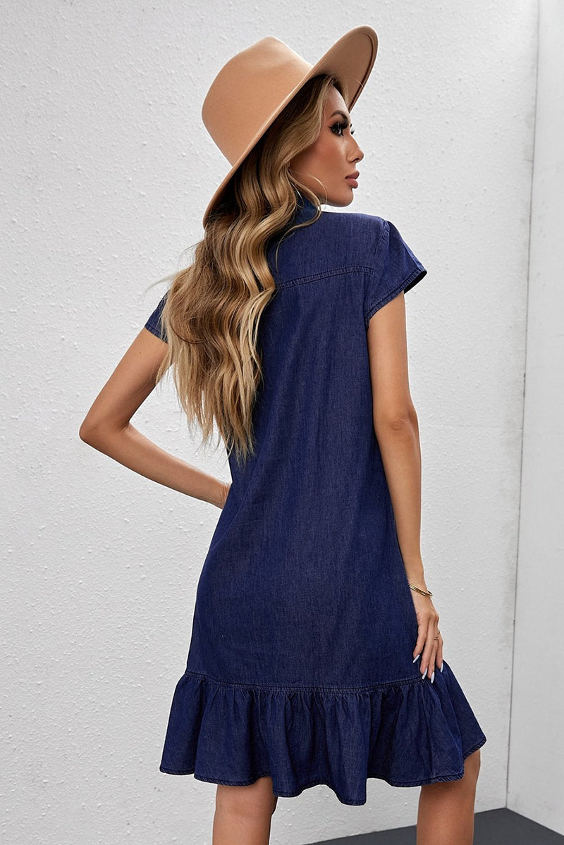 Blue Cap Sleeve Button Front Jean Short Dress