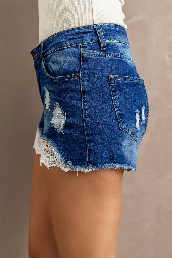 Blue Lace Splicing Distressed Jean Shorts