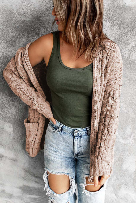 Brown Drop-shoulder Open Front Knitted Sweater