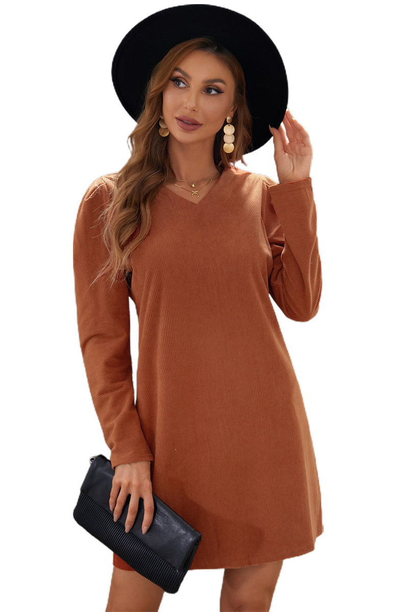 Brown Long Puff Sleeve V Neck Ribbed Mini Dress