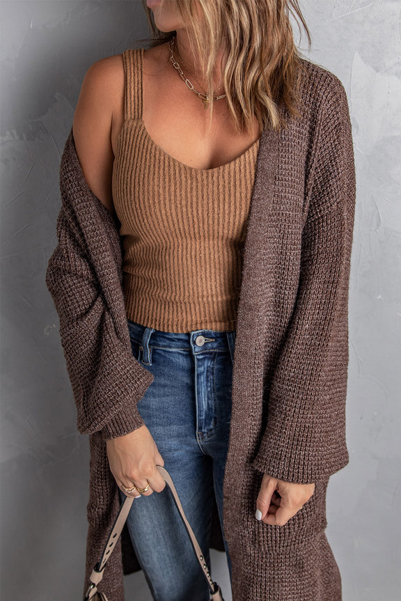 Brown Open Front Waffle Knit Texture Long Cardigan