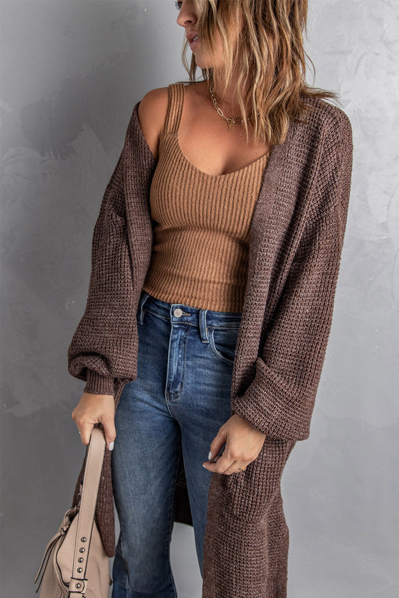 Brown Open Front Waffle Knit Texture Long Cardigan