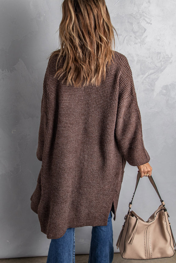 Brown Open Front Waffle Knit Texture Long Cardigan