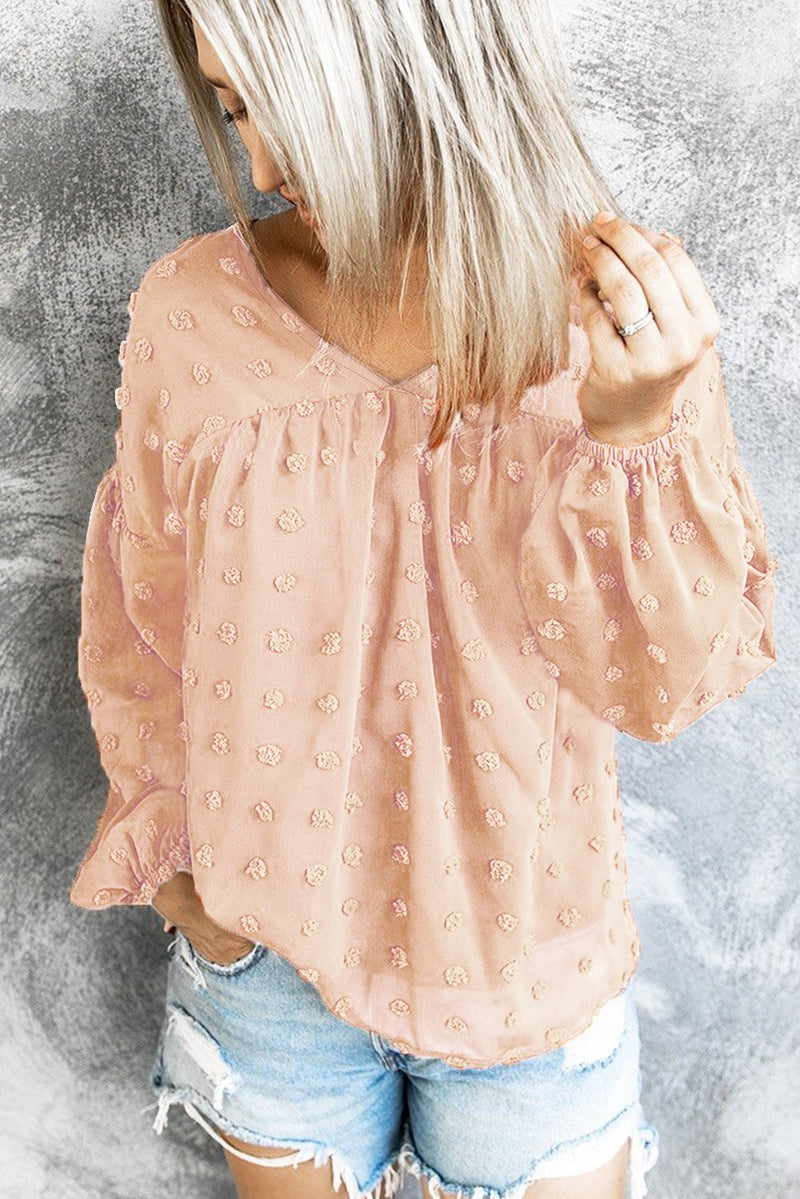 Casual Apricot Swiss Dot V Neck Puff Sleeve Babydoll Blouse