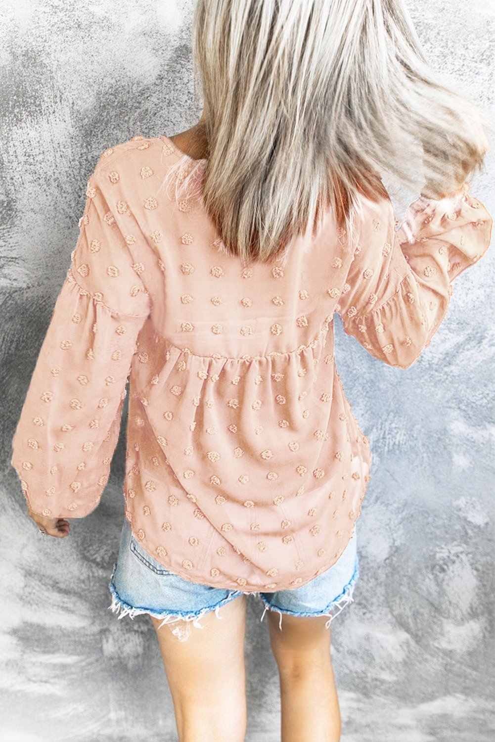 Casual Apricot Swiss Dot V Neck Puff Sleeve Babydoll Blouse